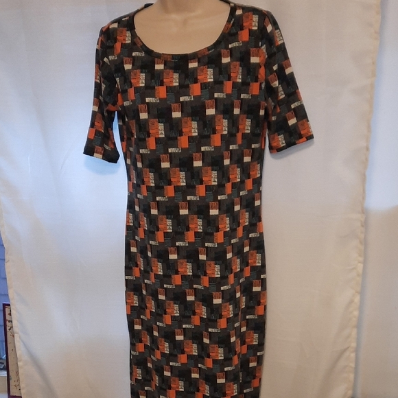 LuLaRoe Black and Orange Sheath Midi Dress Scoop Neck Short Sleeve - Picture 3 of 7